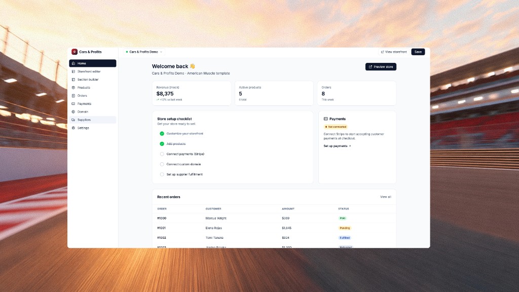 Cars & Profits demo dashboard showing sales and orders